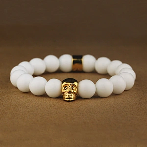 Missjewelry shiny white agate stone 18k gold skull bracelet, mens gold plated bracelets