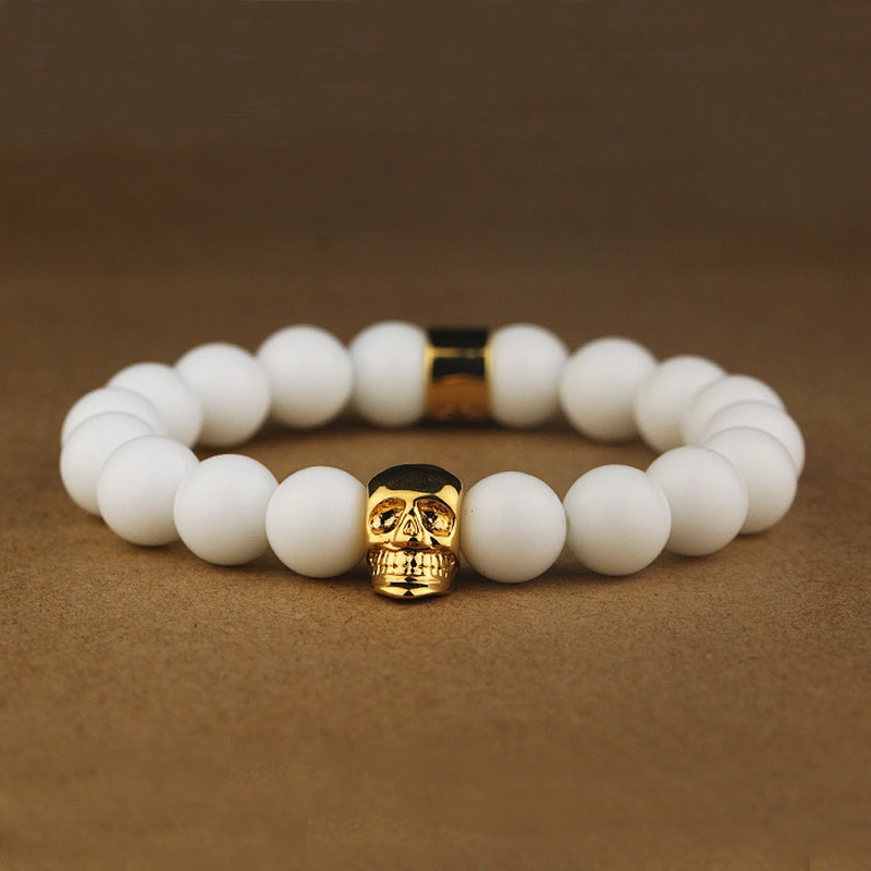 Missjewelry shiny white agate stone 18k gold skull bracelet, mens gold plated bracelets