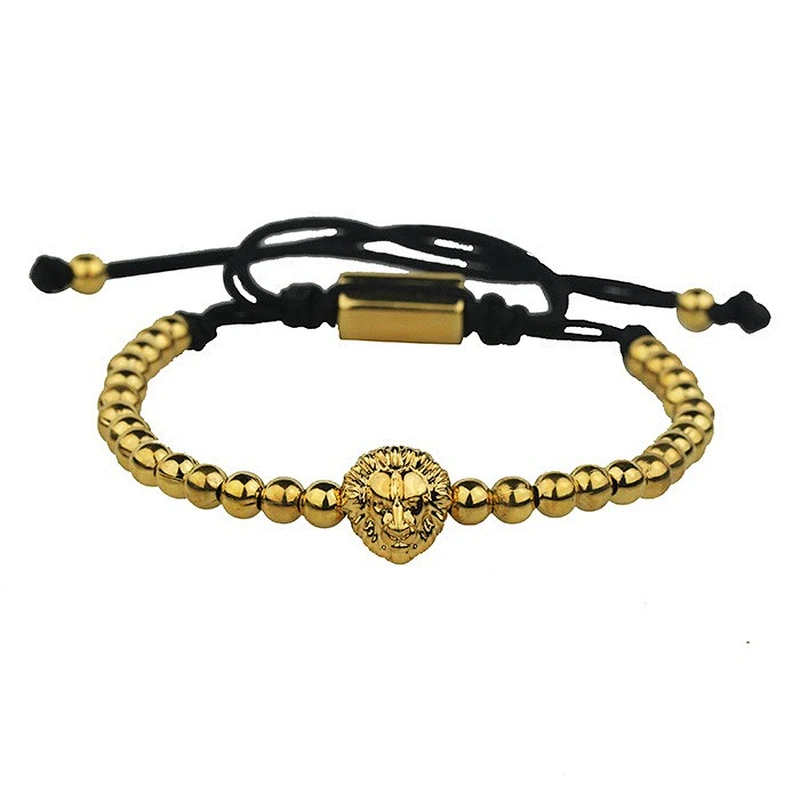 Slave stone 18k yellow gold lion head charm bead bangle bracelet men