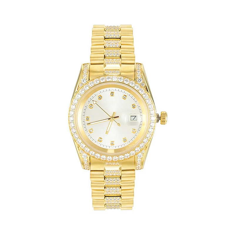 Ladies Watch Men Wrist Luxury White Gold Plated Metal Band Bling Iced out Hip Hop Watches