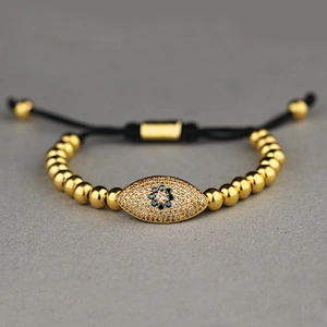Adjustable 18k Gold Micro Paved Devil Eye Mens Bracelet Beaded Manufacturer