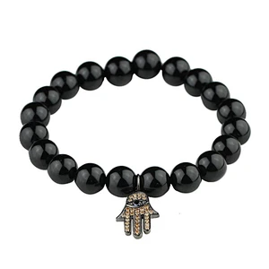 Gold hamsa bracelet beads men, natural stone bead bracelet
