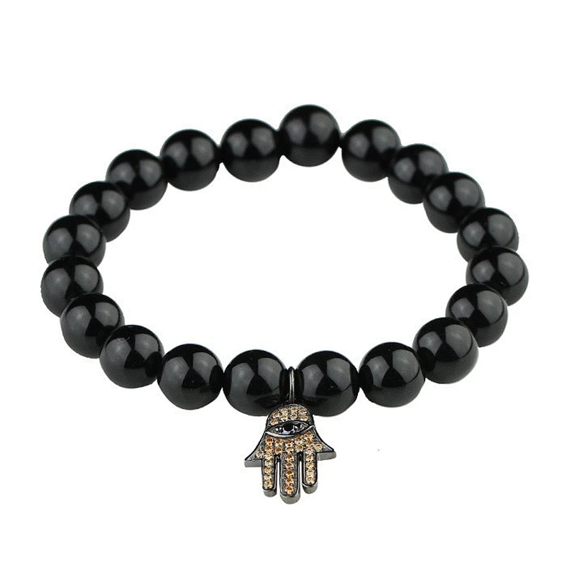 Gold hamsa bracelet beads men, natural stone bead bracelet