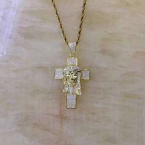 Stainless Steel Gold Crystal Jesus Pendant