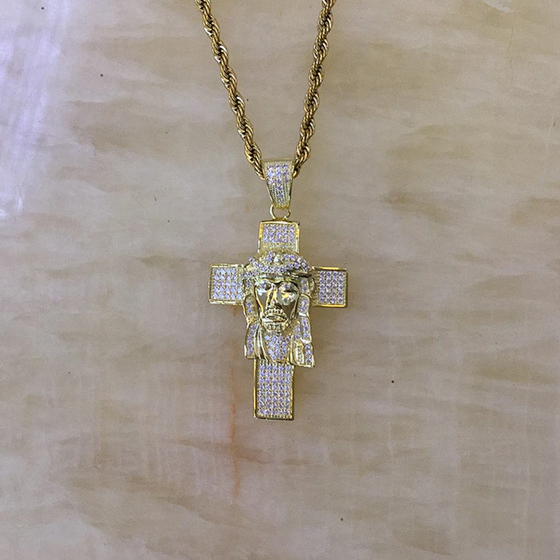 Stainless Steel Gold Crystal Jesus Pendant