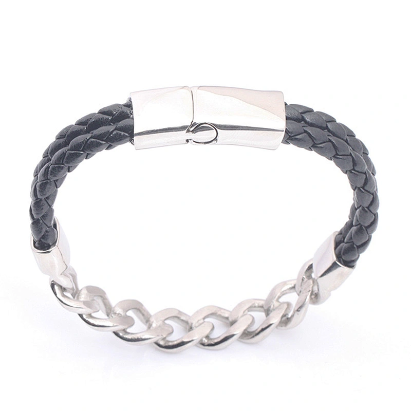 Stainless Steel Leather Chain Link Bracelet Jewelry