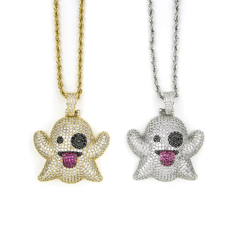 White Gold Iced Out Ghost Emoji Pendant Necklace, Men Hip Hop Jewelry