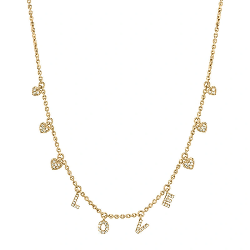 Miss Jewelry 18K Gold White Diamonds Love Dangle Drop Heart Necklace