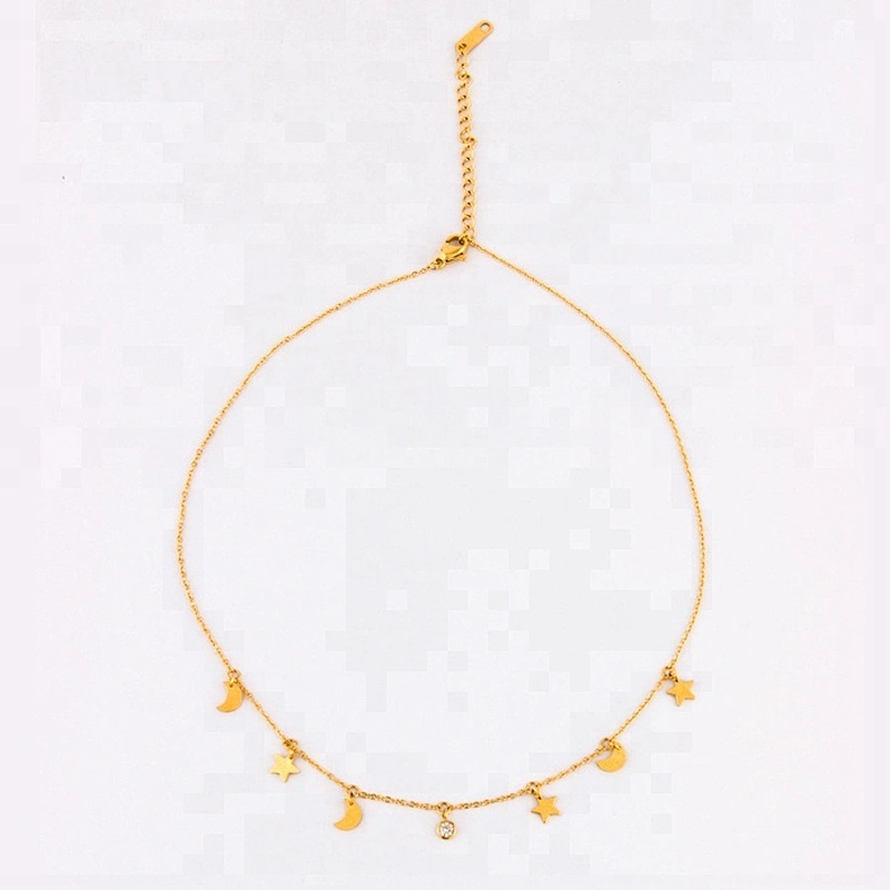Women's  Necklace Stainless Steel Diamond Gold Plated Moon Star Drop Choker