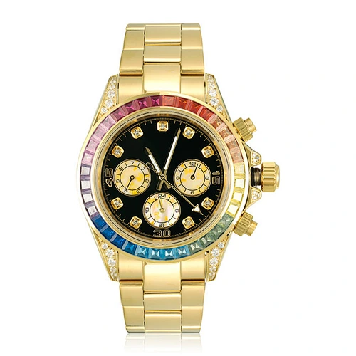 Luxury Yellow Gold Watch Mens Wrist Watches Rainbow Diamond Watch