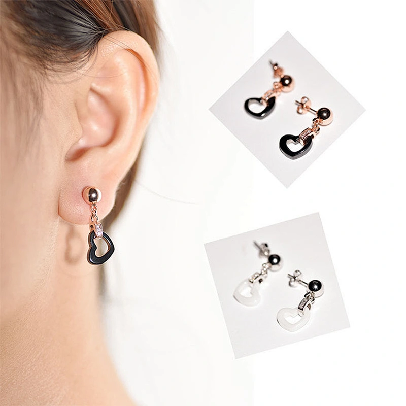 Luxury handmade gold plated CZ diamond heart shape drop ceramic earring