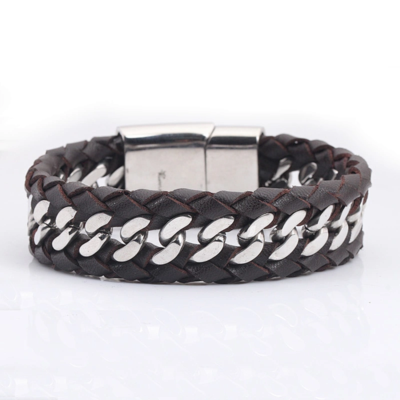 Mens Leather Bracelet Stainless Steel Clasp, Mens Bracelets Stainless Steel Leather
