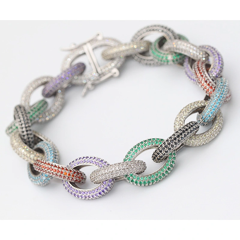 Hip Hop CZ Micro Pave Bling Bling Hand Link Rolo Chain 14k Gold Plated Zirconia Bracelet Jewelry