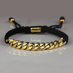 14K Gold Steel Chain Cuban Link Adjustable Stretch Bracelet