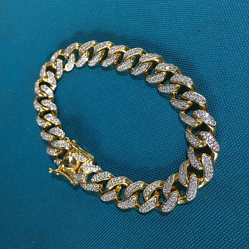 AAA Cubic Zirconia Diamond Cuban Link Bracelet Men Gold