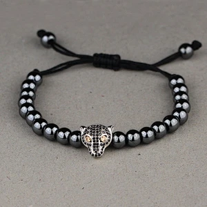 Gold plated lion head natural agate bead bracelet, charm bead bracelet for mens