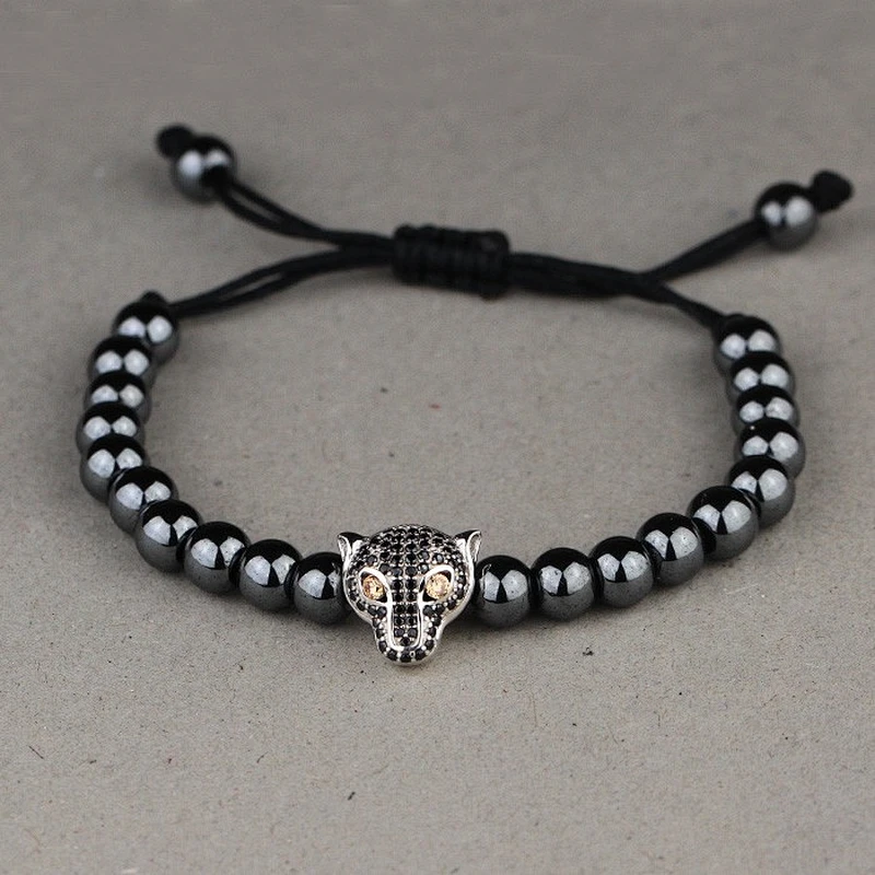 Gold plated lion head natural agate bead bracelet, charm bead bracelet for mens