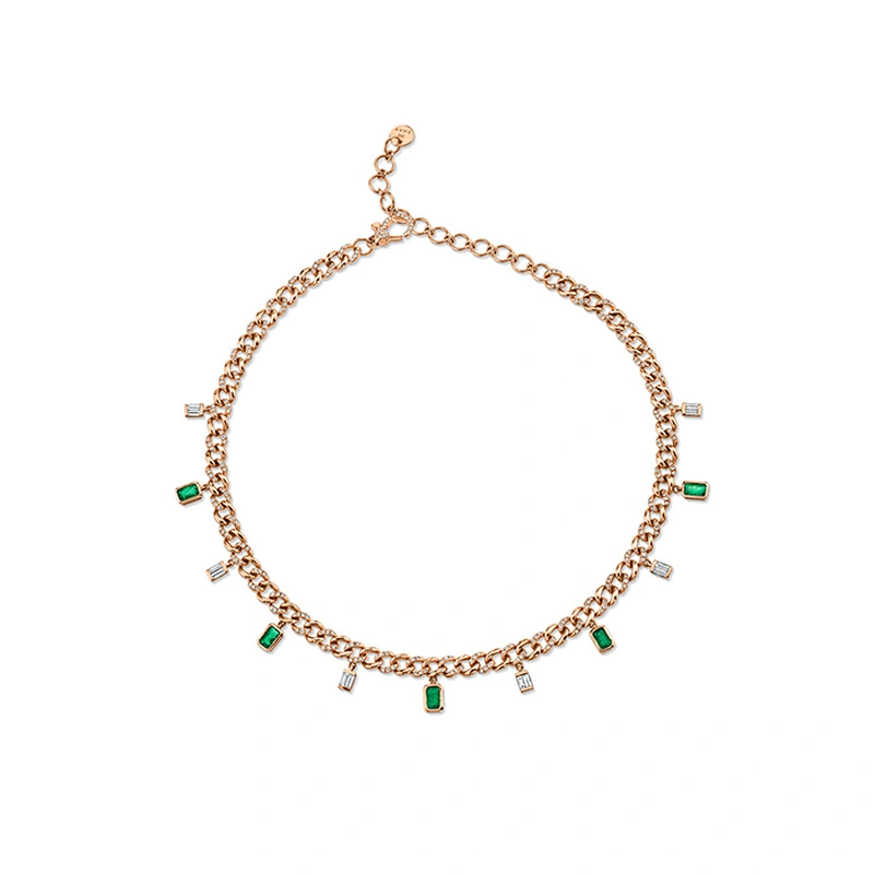Women Hip Hop Jewelry Cubic Zirconia Choker Gold Necklace Baguette Drop Link Choker