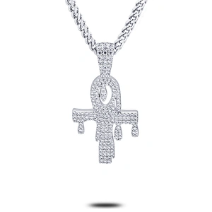 Miss Jewelry CZ Micro Pave Mens Dubai Gold Cross Pendant, Silver Dripping Ankh Pendant Necklace