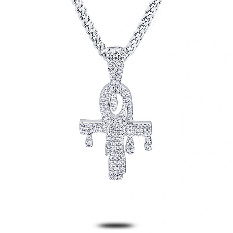Miss Jewelry CZ Micro Pave Mens Dubai Gold Cross Pendant, Silver Dripping Ankh Pendant Necklace