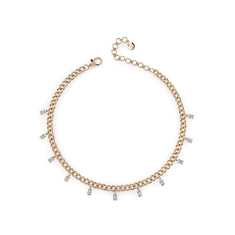 Women Hip Hop Jewelry Cubic Zirconia Choker Gold Necklace Baguette Drop Link Choker