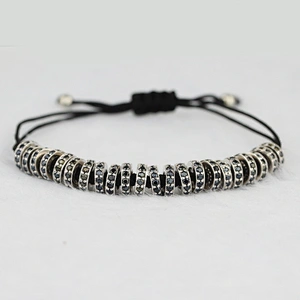 925 Sterling Silver 4mm Round Beads Micro Pave Braiding Macrame Rope Spacer Bracelet for Men