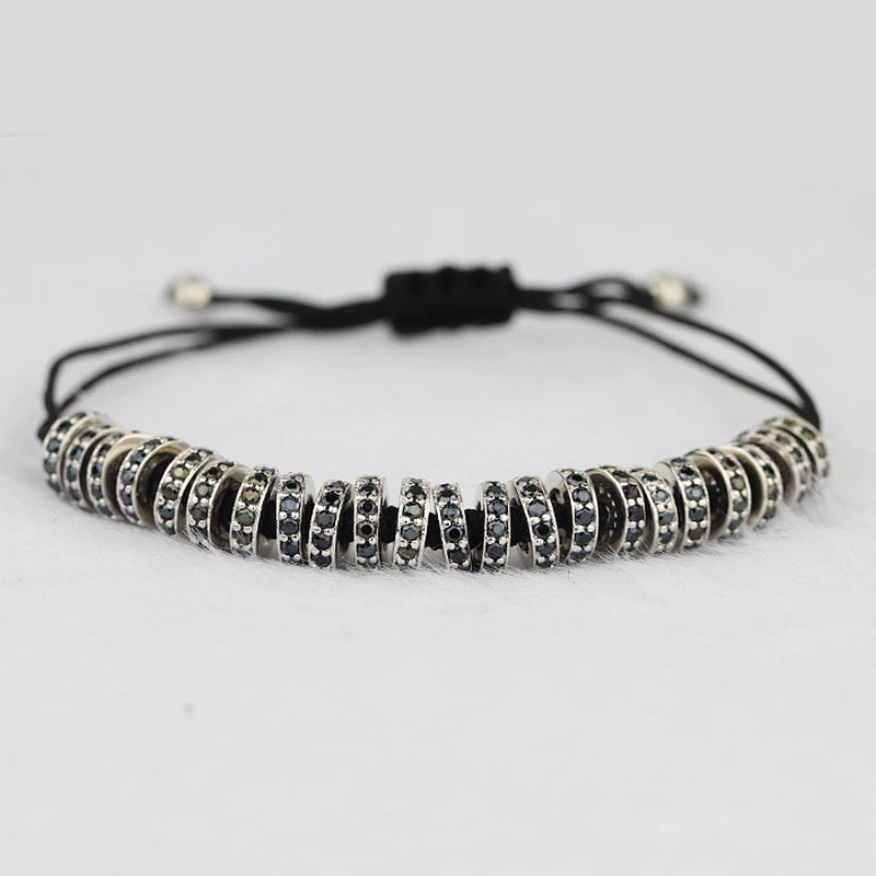 925 Sterling Silver 4mm Round Beads Micro Pave Braiding Macrame Rope Spacer Bracelet for Men
