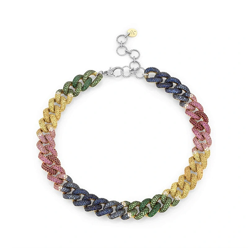Multicolor CZ iced out jumbo rainbow cuban link choker necklace chain