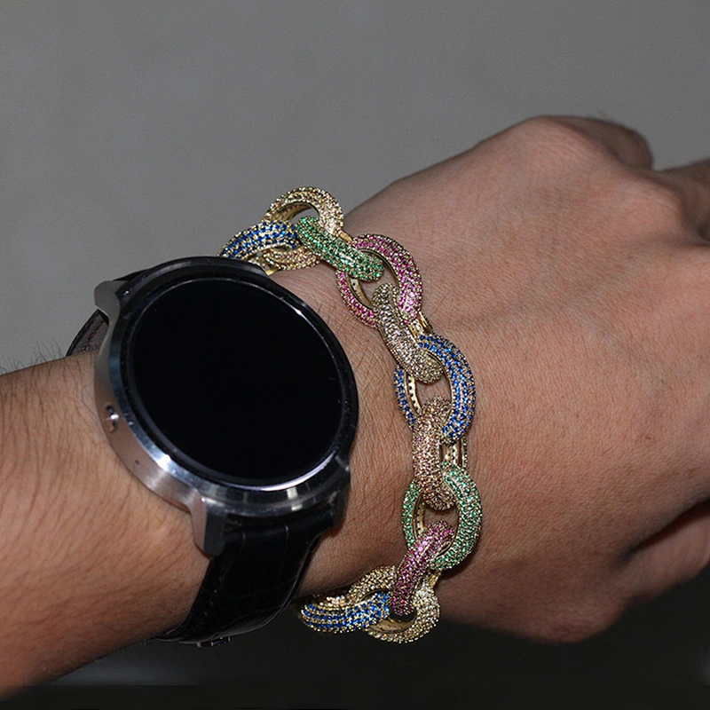 Hip Hop CZ Micro Pave Bling Bling Hand Link Rolo Chain 14k Gold Plated Zirconia Bracelet Jewelry