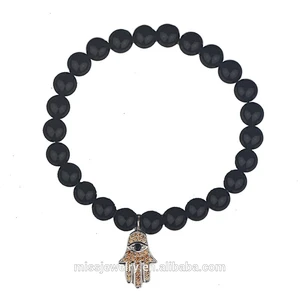 Wholesale price 14k gold plated hamsa black lava stone bead bracelet for men