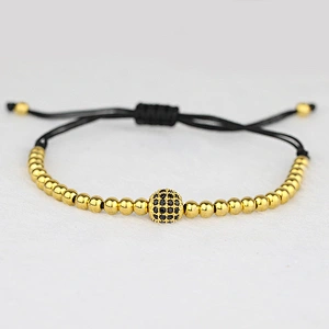 New Style 18K Gold 4mm Round Beads & 8mm Micro Pave Black CZ Beads Braiding Men Macrame Bracelet