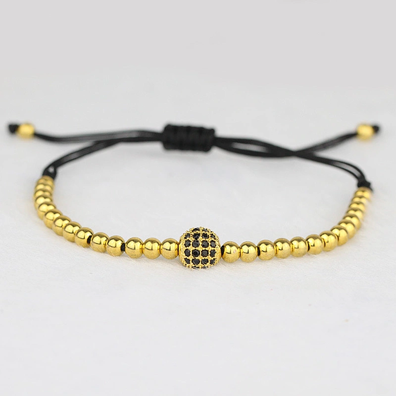 New Style 18K Gold 4mm Round Beads & 8mm Micro Pave Black CZ Beads Braiding Men Macrame Bracelet