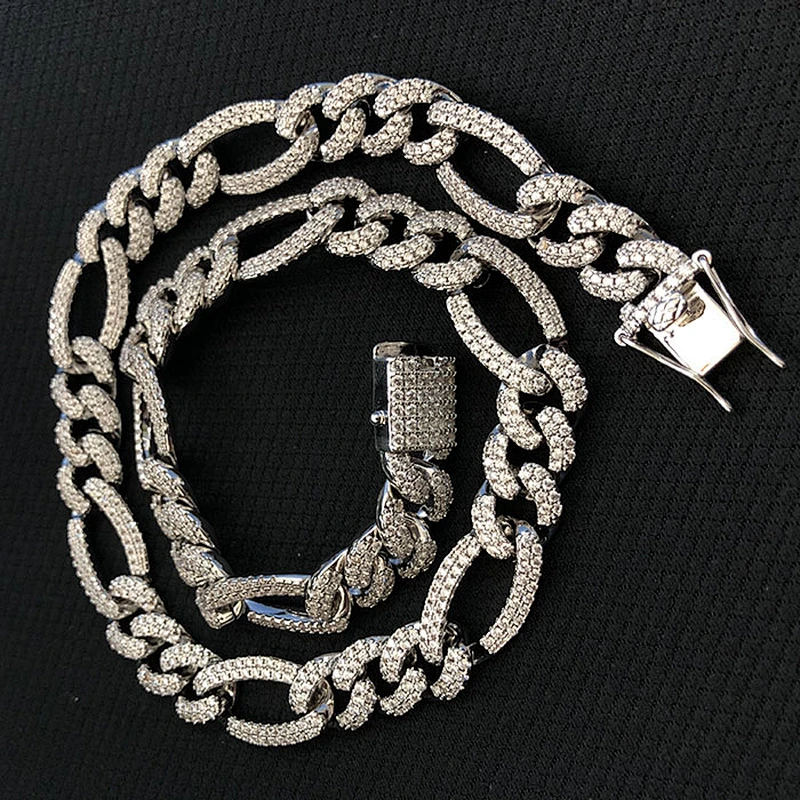 Missjewelry 925 White Gold Men Hip Hop CZ Chains, Iced Out Figaro Chain Necklace