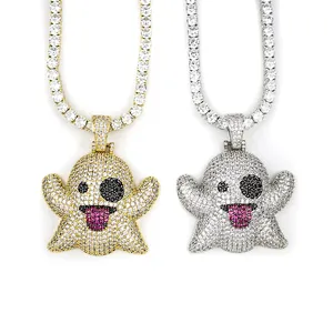 White Gold Iced Out Ghost Emoji Pendant Necklace, Men Hip Hop Jewelry