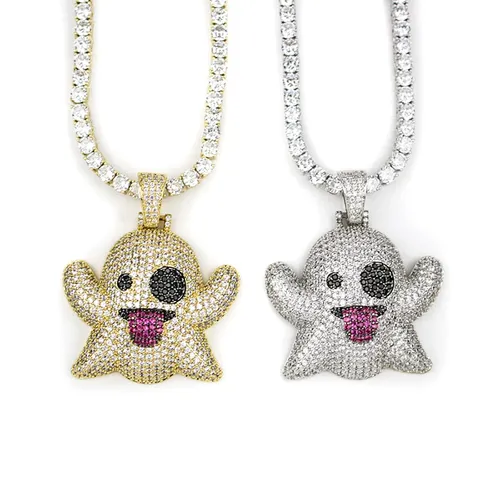White Gold Iced Out Ghost Emoji Pendant Necklace, Men Hip Hop Jewelry