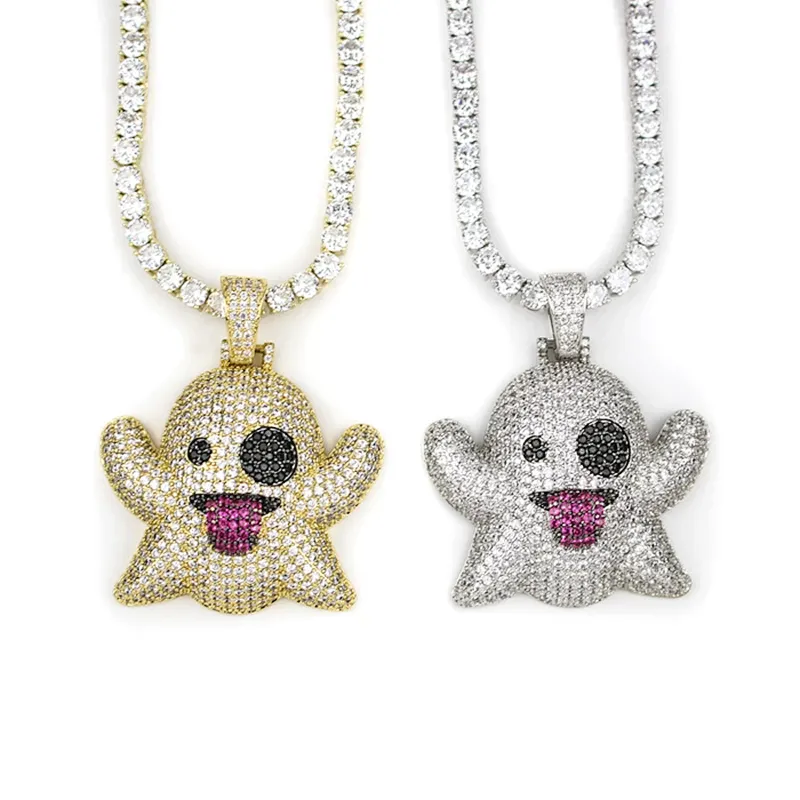 White Gold Iced Out Ghost Emoji Pendant Necklace, Men Hip Hop Jewelry