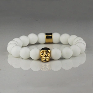 Missjewelry shiny white agate stone 18k gold skull bracelet, mens gold plated bracelets