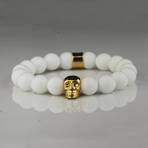 Missjewelry shiny white agate stone 18k gold skull bracelet, mens gold plated bracelets