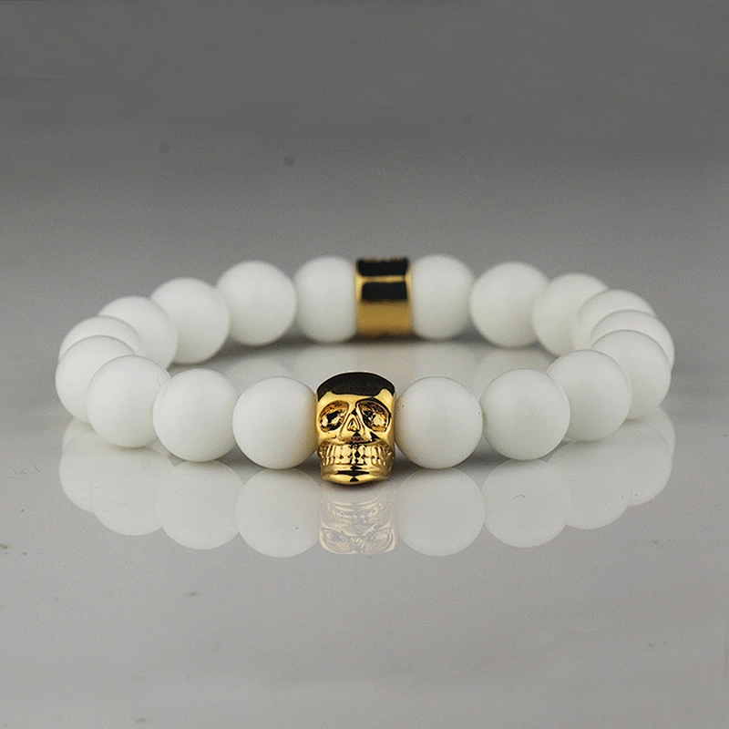 Missjewelry shiny white agate stone 18k gold skull bracelet, mens gold plated bracelets