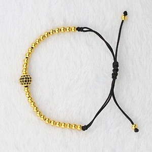 New Style 18K Gold 4mm Round Beads & 8mm Micro Pave Black CZ Beads Braiding Men Macrame Bracelet