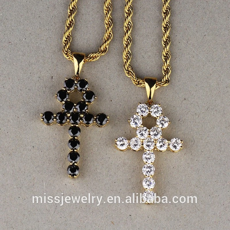 Diy Charm Iced Out Brass Cross Pendants, Gold Bling Ankh Pendant Necklace