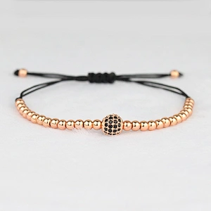 New Style 18K Gold 4mm Round Beads & 8mm Micro Pave Black CZ Beads Braiding Men Macrame Bracelet