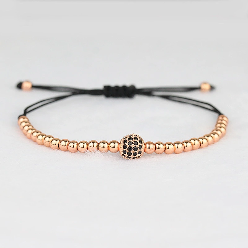 New Style 18K Gold 4mm Round Beads & 8mm Micro Pave Black CZ Beads Braiding Men Macrame Bracelet
