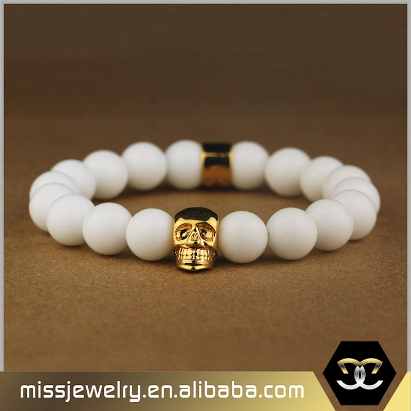 Missjewelry shiny white agate stone 18k gold skull bracelet, mens gold plated bracelets