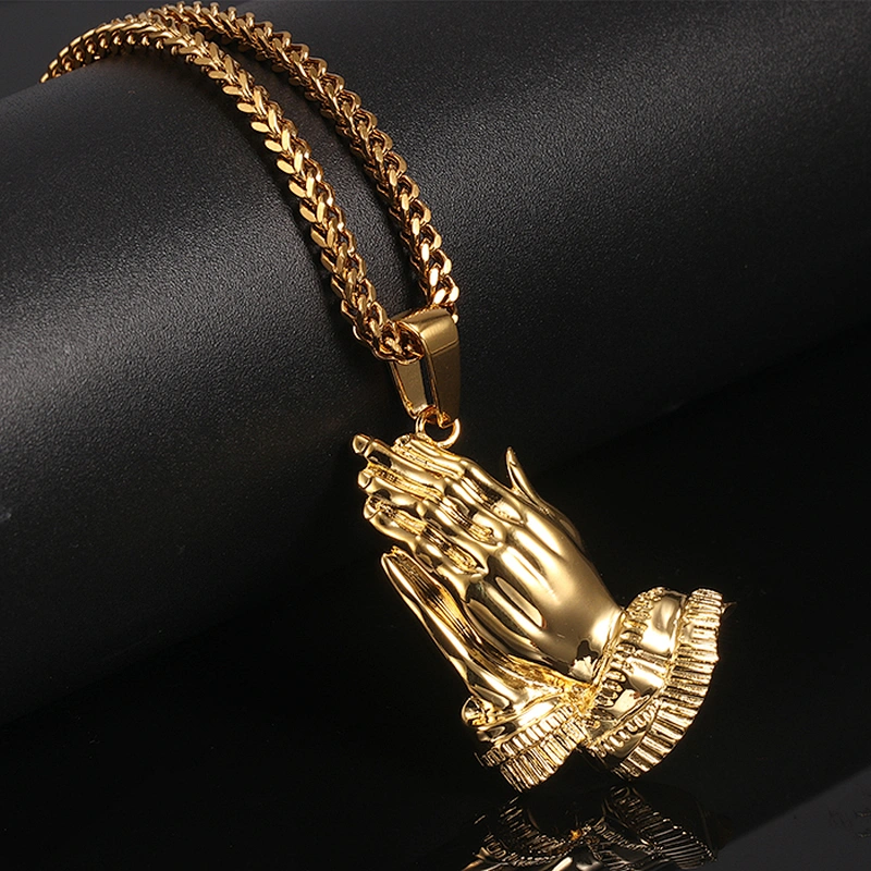 Hip hop tanishq pray hand gold pendant designs for men, gold pendant set MJHP052