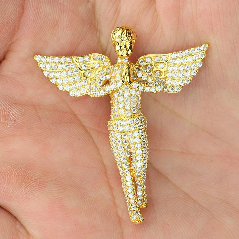 925 Sterling Silver 18k Gold Plating Hip Hop Angel Wings Pendant OEM Jewelry Manufacturer