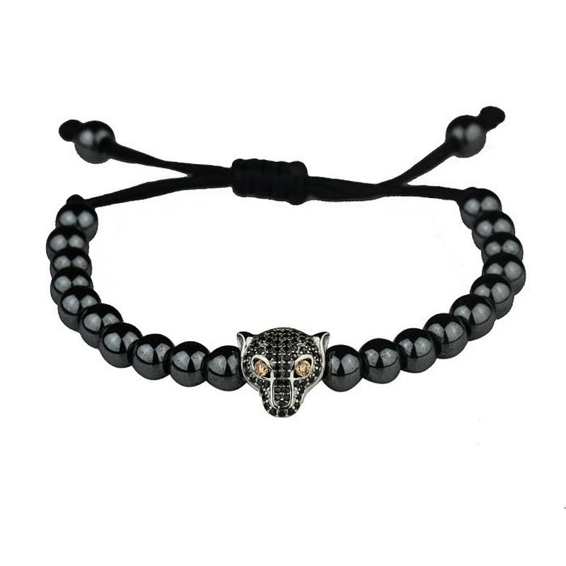 Gold plated lion head natural agate bead bracelet, charm bead bracelet for mens