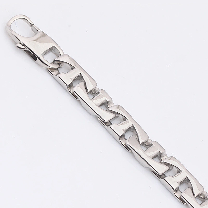 White Gold Hand Chain Link Marine Bracelet men, Mens Engraved Stainless Steel Hand Bracelet
