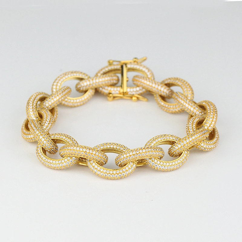 Hip Hop CZ Micro Pave Bling Bling Hand Link Rolo Chain 14k Gold Plated Zirconia Bracelet Jewelry