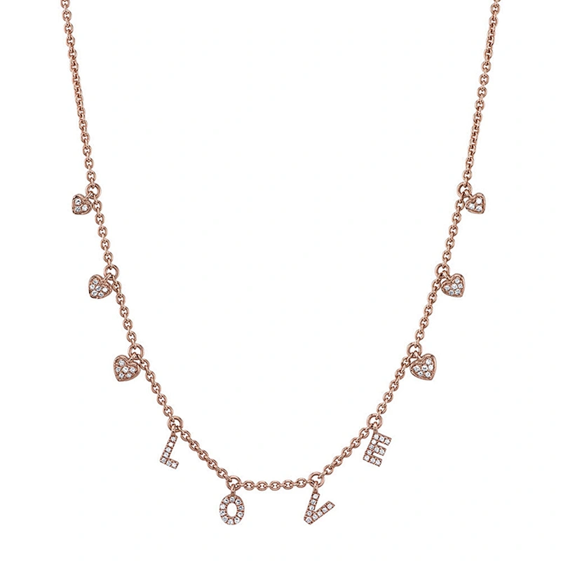 Miss Jewelry 18K Gold White Diamonds Love Dangle Drop Heart Necklace